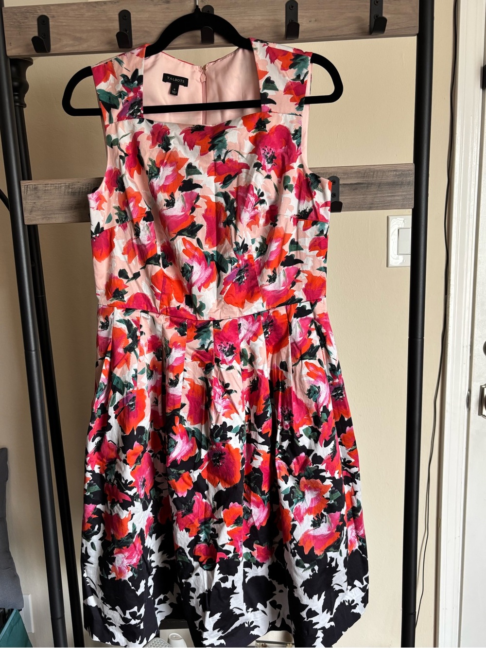 Talbots Pink and Black Floral Fit-and-Flare Midi Dress with pockets.